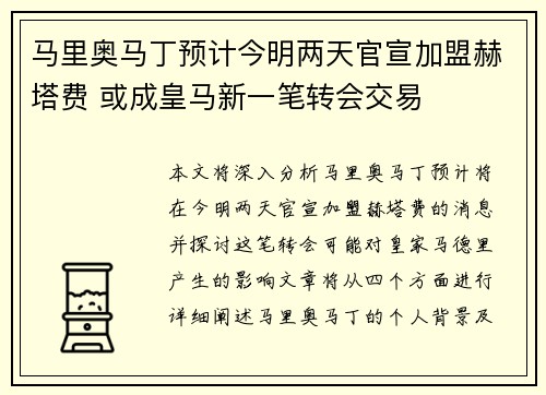 马里奥马丁预计今明两天官宣加盟赫塔费 或成皇马新一笔转会交易