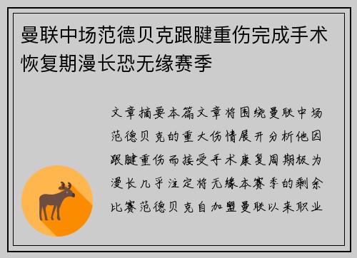 曼联中场范德贝克跟腱重伤完成手术恢复期漫长恐无缘赛季
